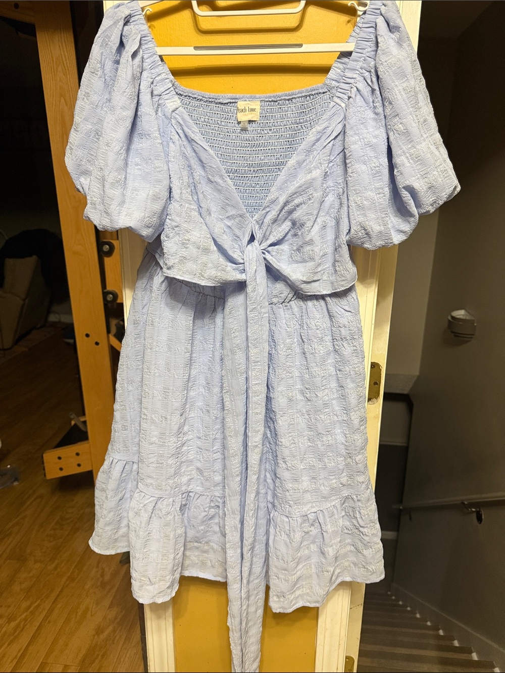 Peach Love California Blue Tie Front Puff Sleeve Mini Dress L